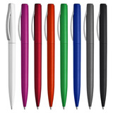 A collection of plastic pens in white, red, purple, orange, green, blue, black, and grey, featuring a silver clip.