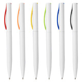 A collection of six plastic pens in white with coloured grips: red, orange, green, blue, black, and yellow.