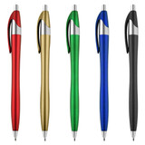 A collection of five plastic pens in red, gold, green, blue, and black, featuring silver accents and a logo.