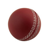 A red stress cricket ball with white stitching, designed for fun and relaxation. Features a logo.