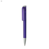 A plastic pen in vibrant purple with a silver tip and a clip, featuring a logo on the body. A plastic pen in vibrant purple with a silver tip and a clip, featuring a logo on the body.