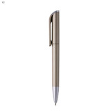 A plastic pen in a gold finish with a silver tip and clip, featuring a sleek design and branding. A plastic pen in a gold finish with a silver tip and clip, featuring a sleek design and branding.