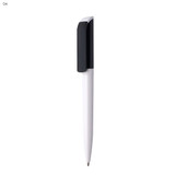 A plastic pen with a white body and a black cap, featuring a branding logo. A plastic pen with a white body and a black cap, featuring a branding logo.
