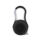 A carabiner-style tape measure featuring a black casing and a silver clip for easy attachment.