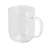 A clear glass mug with a handle, featuring a sleek design suitable for beverages.