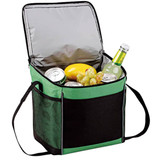 A green and black cooler bag with drinks and fruit inside, featuring a zippered top and a shoulder strap. A green and black cooler bag with drinks and fruit inside, featuring a zippered top and a shoulder strap.