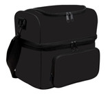 A black insulated bag with a zippered top and front pocket, featuring a detachable strap and a logo.