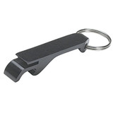 A drink bottle opener in black, featuring a keyring attachment for easy portability. A drink bottle opener in black, featuring a keyring attachment for easy portability.