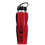 A drink bottle in bright red with a black lid and a logo. Features a curved design for easy grip.