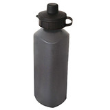 A drink bottle in grey with a black lid and handle, featuring a simple design and branding.