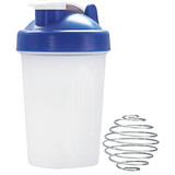A drink bottle in transparent plastic with a blue lid, accompanied by a metal mixing ball. A drink bottle in transparent plastic with a blue lid, accompanied by a metal mixing ball.