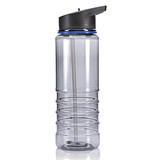 A drink bottle with a clear body, black lid, and blue accent, featuring a built-in straw and a logo.