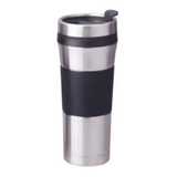 A drink bottle in stainless steel with a black silicone grip and a lid. Features a sleek, modern design.