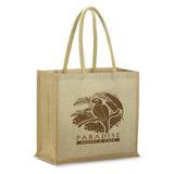 A natural jute tote bag in beige with a logo featuring a parrot and tropical design.