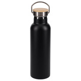 A drink bottle in matte black with a stainless steel lid and wooden accent. Features a handle for easy carrying.