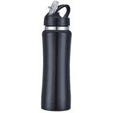A drink bottle in black with a flip-top lid and a built-in straw. It features a logo on the body.