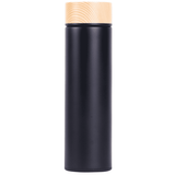 A drink bottle in black with a wooden lid, featuring a sleek and modern design.