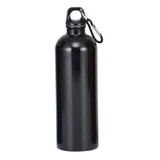 A drink bottle in sleek black metal with a carabiner clip attached. It features a smooth, reflective finish.