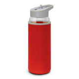 A drink bottle with a clear glass body, grey cap, and a vibrant red neoprene sleeve. It has a logo on the sleeve.