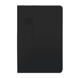 A black notebook with a smooth cover and an elastic band for secure closure. It features a logo on the front.