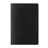 A black notebook with a textured cover and a side-bound design. Features branding on the cover.