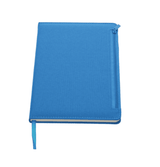 A blue notebook with a zippered pocket and a ribbon bookmark. It features a textured cover and a logo. A blue notebook with a zippered pocket and a ribbon bookmark. It features a textured cover and a logo.