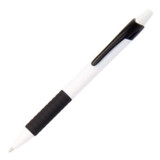 A plastic pen with a black and white design, featuring a textured grip and a clip.