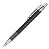A metal pen in black with silver accents, featuring a stylish design and a logo.