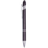 A black metal pen with a silver clip and detailing, featuring a smooth, sleek design.
