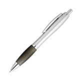 A silver and black plastic pen with a smooth finish and a clip for attachment. It features a branding logo.