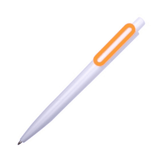 A plastic pen in white with an orange accent, featuring a logo.