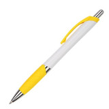 A plastic pen with a white barrel and yellow grip and clip, featuring a shiny silver tip and branding.