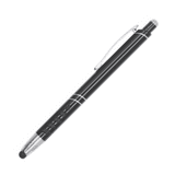 A metal pen in black, featuring a silver clip and detailing, with a stylus tip at one end.