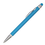 A metal pen in a vibrant blue colour with a silver trim and clip, featuring a smooth grip and a stylus tip.