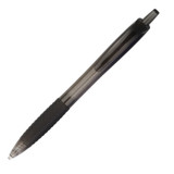 A plastic pen in black with a textured grip and a click mechanism. It features a branding logo.