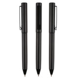 A set of three black metal pens with clips, featuring a sleek design and glossy finish.