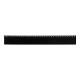 A black ruler featuring measurement markings along one edge and a logo on the surface.