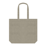 A calico bag in a light brown hue with two handles and a simple design. It features a logo on one side. A calico bag in a light brown hue with two handles and a simple design. It features a logo on one side.