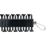 A set of black golf ball markers arranged in a holder with a keychain attachment. A set of black golf ball markers arranged in a holder with a keychain attachment.