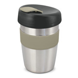 A drink bottle with a stainless steel body, silicone band in beige, and a black lid. It features a logo.