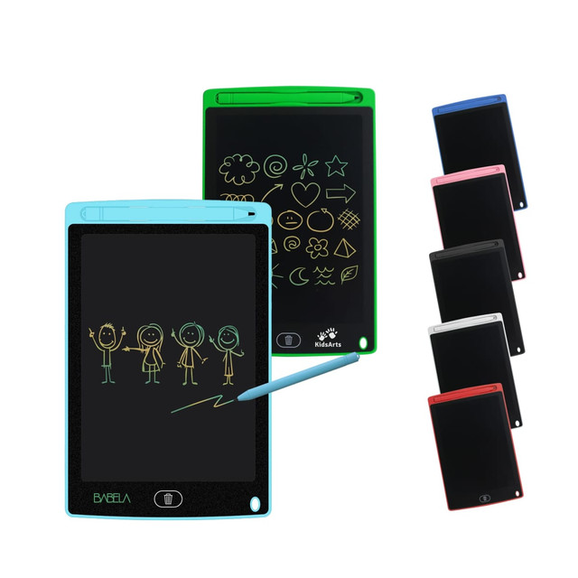 A set of LCD writing drawing tablets in green, blue, pink, and red, featuring a black screen and a stylus.