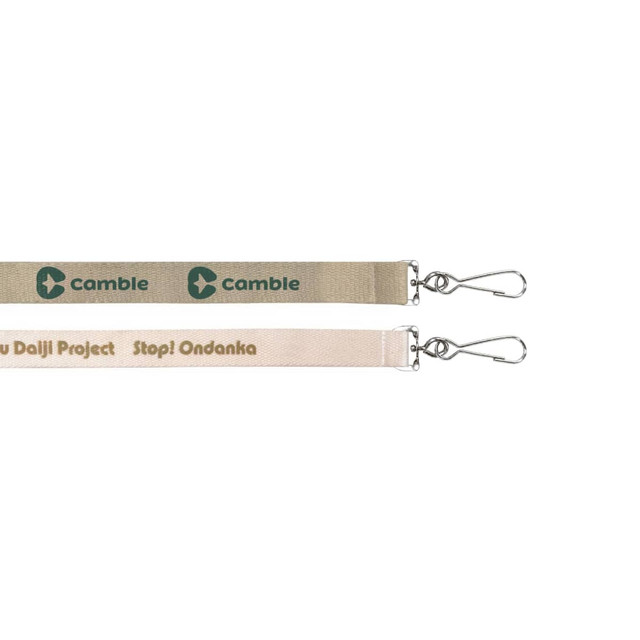 A cotton lanyard in beige with a logo, featuring a clip for attachment.