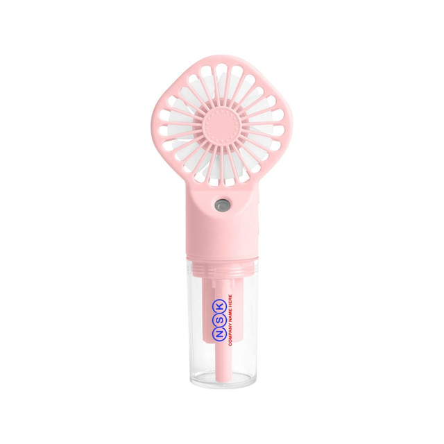 A handheld spray fan in pink with a clear water reservoir. It features a logo on the body.