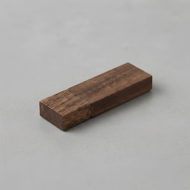A wooden USB flash drive in a rectangular shape, featuring a rich, dark brown finish.