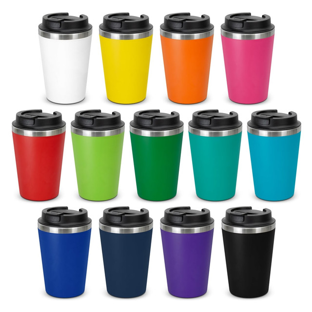 A collection of colourful coffee cups in various shades, featuring black lids and metallic bands. Each cup has a unique colour.