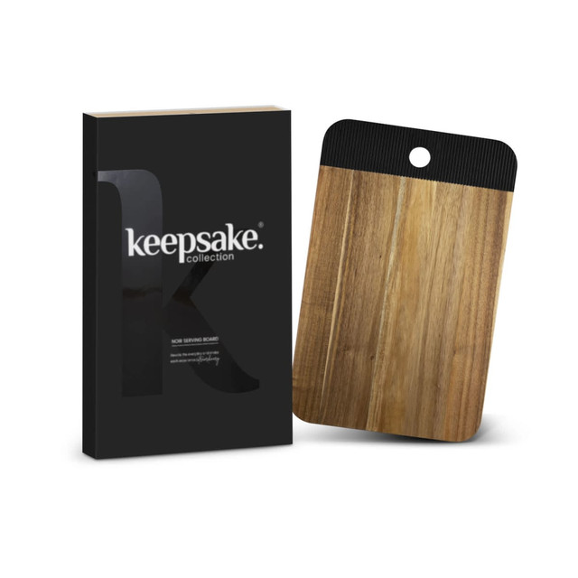 A wooden serving board with a black accent, packaged in a sleek black box featuring a logo.