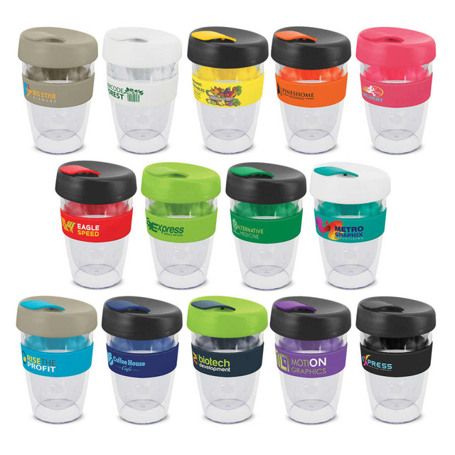 A collection of colourful drink bottles in various designs, featuring transparent bodies and vibrant bands. Some have logos. A collection of colourful drink bottles in various designs, featuring transparent bodies and vibrant bands. Some have logos.