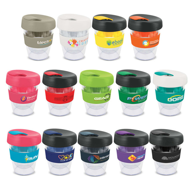 A collection of Express Cup Leviosa drink bottles in various colours, each with a black lid and a logo. A collection of Express Cup Leviosa drink bottles in various colours, each with a black lid and a logo.