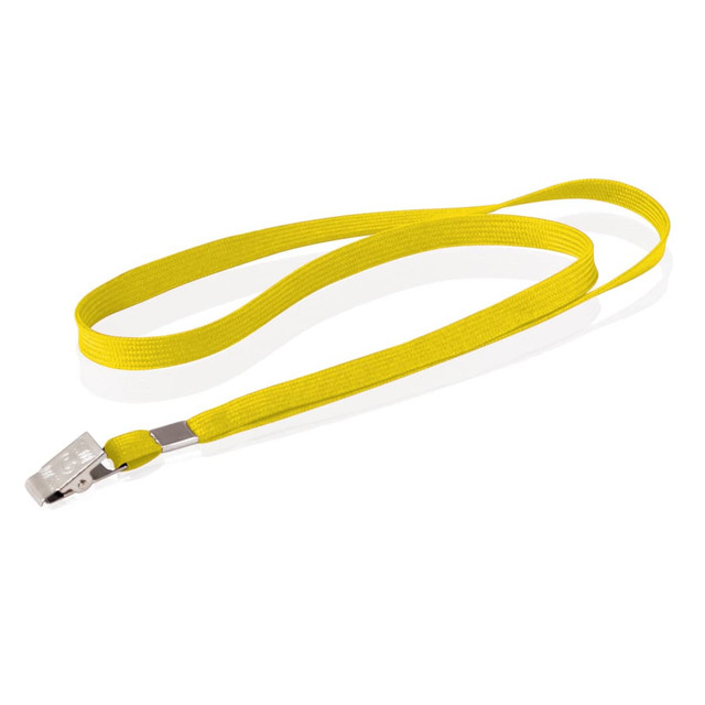 A yellow tubular lanyard with a silver clip, featuring branding on its surface.