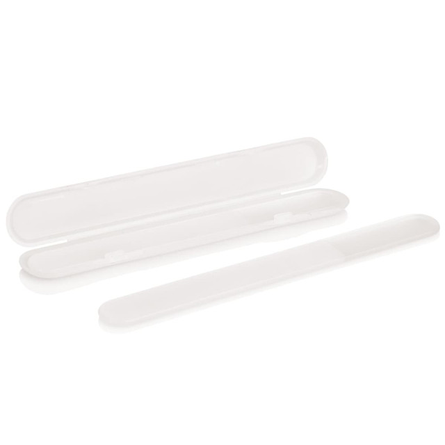 A set of three glass nail files in white, presented in a sleek case with a minimalist design.